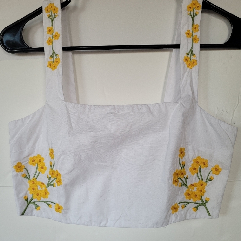 Fanm Mon White Crop Top with Yellow Floral Embroidery Size XS